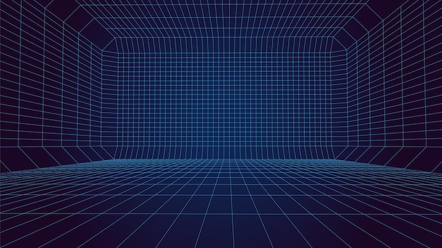 Perspective blue grid on a dark background Futuristic vector illustration Virtual reality framework Background in the style of the 80s