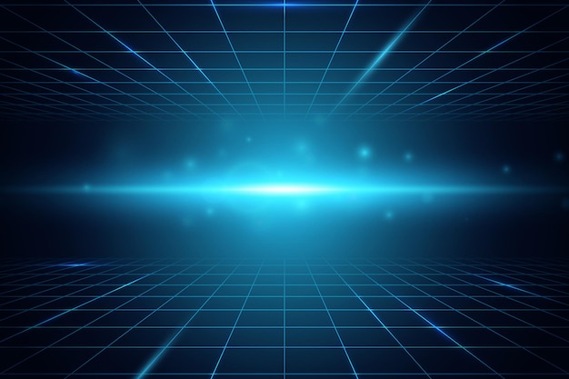 Perspective grid background Wireframe landscape Blue grid with particles stars dust and flare