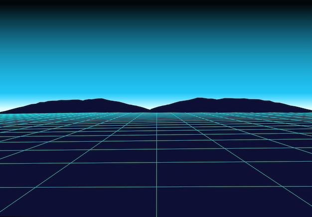 Perspective grid in Retro Futurism Style Abstract bright background in 80s Scifi style