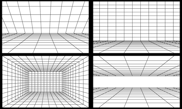 Perspective room with black grid Set 3D linear floor and empty interior dimension Virtual studio