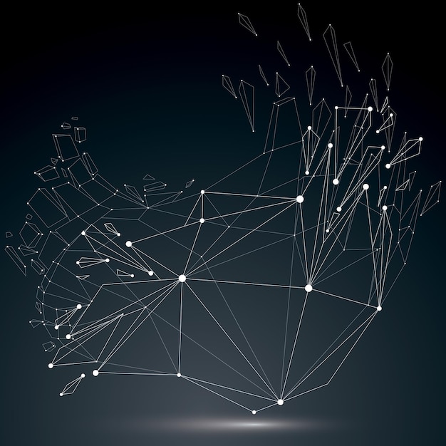 Perspective technology demolished shape with luminescent connected white lines and dots, polygonal wireframe object. Explosion effect, abstract faceted element cracked into multiple fragments.