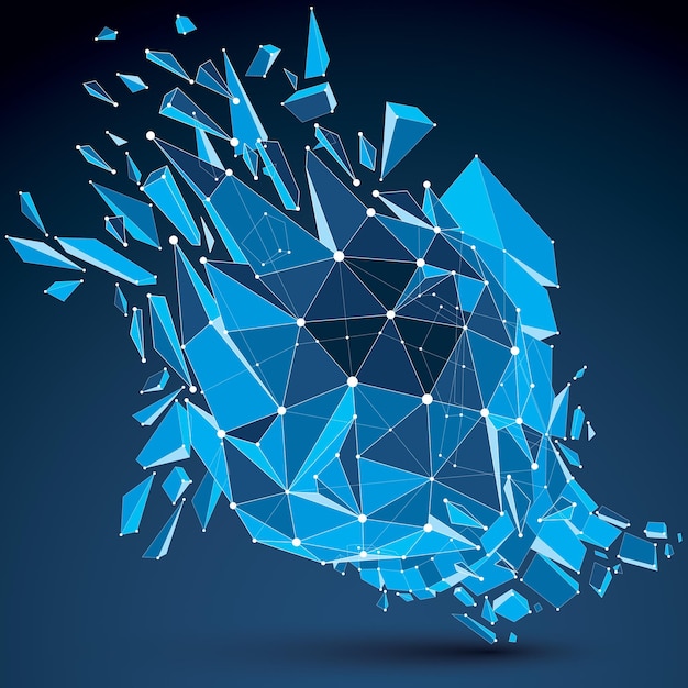 Perspective technology demolished shape with white dotted lines connected, polygonal blue complicated wireframe object. Explosion effect, abstract faceted element cracked into multiple fragments.