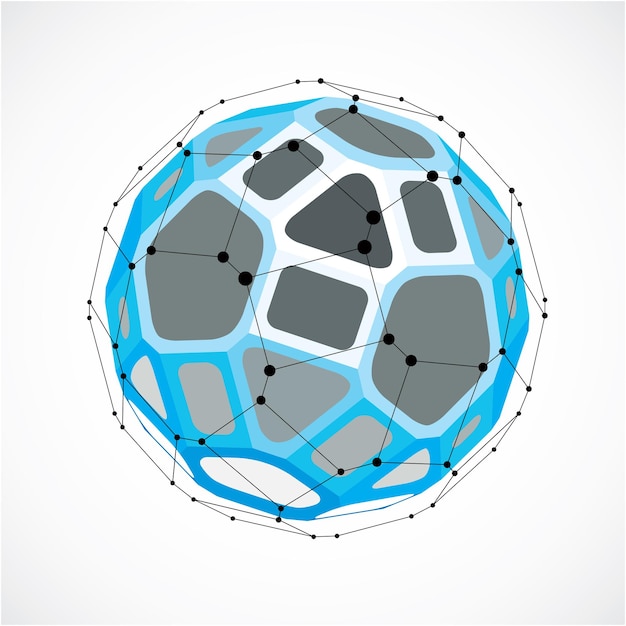 Perspective technology shape with black lines and dots connected, polygonal wireframe object. Abstract blue faceted element for use as design structure on communication technology theme