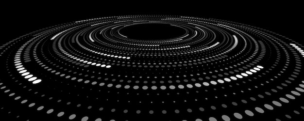 Vector perspective view to spiral digital circles of dots on black background abstract futuristic dotted circle big data visualization into cyberspace vector