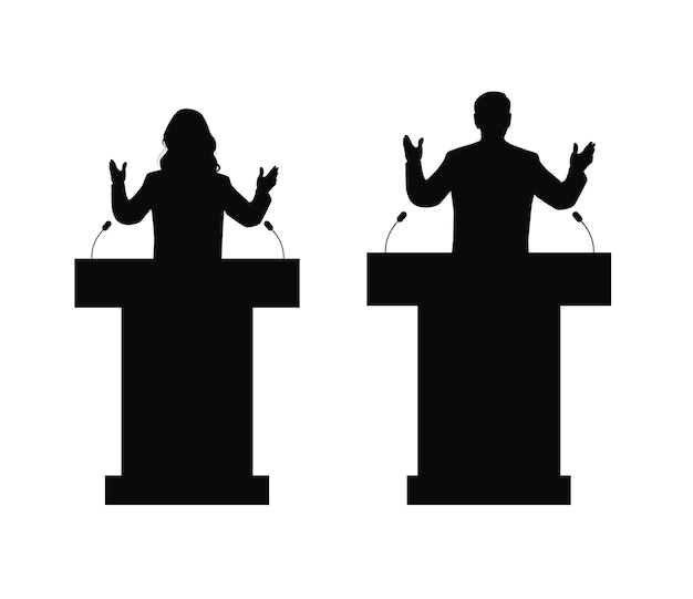 Vector persuading voters man and woman stand on the podium giving a presentation