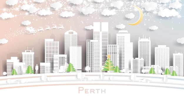 Perth Australia City Skyline in Paper Cut Style with Snowflakes Moon and Neon Garland