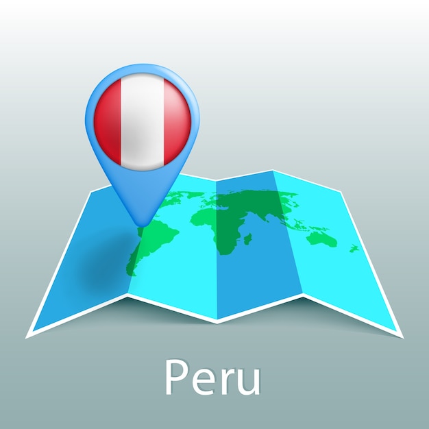 Peru flag world map in pin with name of country on gray background