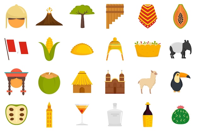 Peru icons set. Flat set of peru vector icons isolated on white background