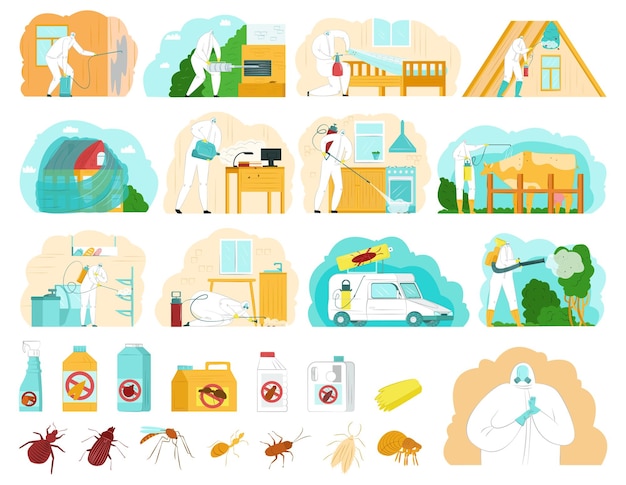 Vector pest control illustrations set