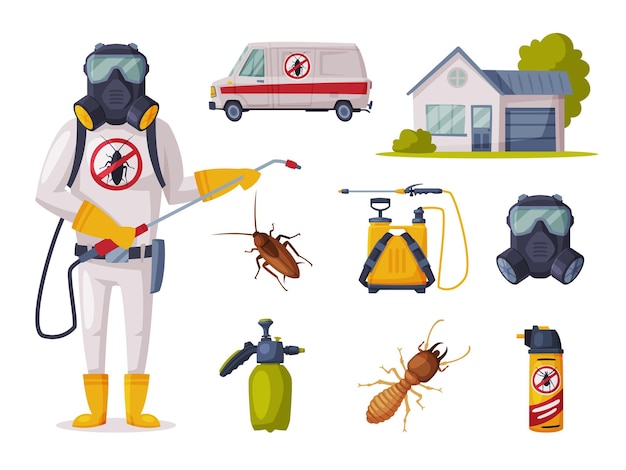 Pest Control Service Exterminator Wearing Protection Uniform with Exterminating and Protecting Equipment Vector Illustration