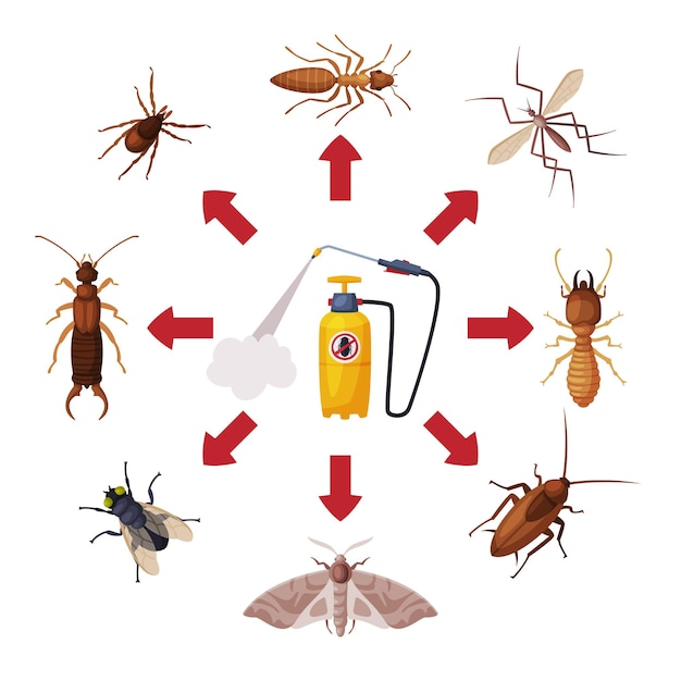 Pest Control Service Pressure Sprayer of Chemical Insecticide and Harmful Insects Vector Illustration