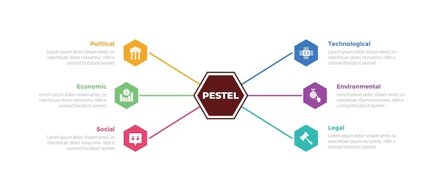 Vector pestel analysis infographics template diagram with hexagon center and line network connection as center with 6 point step creative design for slide presentation