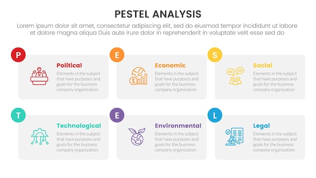 Vector pestel business analysis tool framework infographic with table box and small circle badge 6 point stages concept for slide presentation vector illustration