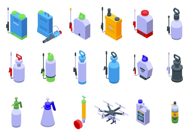 Pesticide sprayer icons set isometric vector Garden pressure