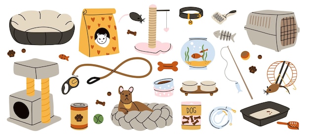 Vector pet animals accessories dog and cat house cage and bed food bows veterinary goods toys veterinarian shop equipment canine and feline stuff fish aquarium vector cartoon flat set