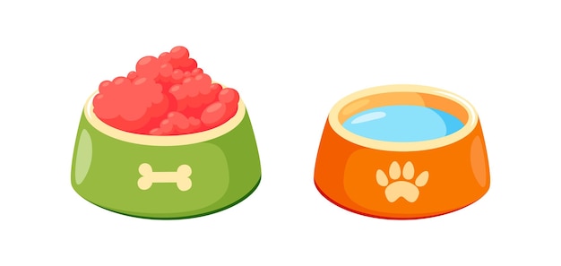 Pet bowl with food Bowl for cat or dog for kibbles and water Vector illustration