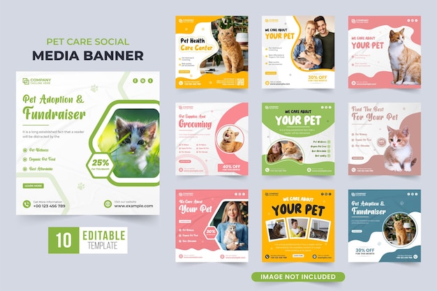 Pet care center social media template set vector with pink and green colors Animal veterinary advertising web banner bundle with abstract shapes Pet healthcare and supplies shop template collection