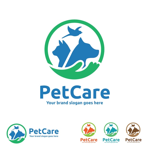 Pet Care Logo with Dog, Cat, Bird and Hand Symbols