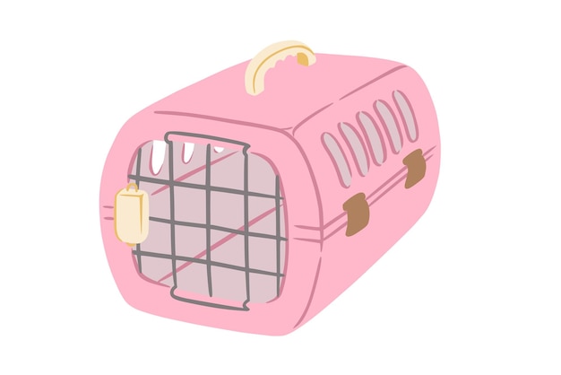 Pet carrier with metal door Pink carrier to transport animals in voyages Vector illustration