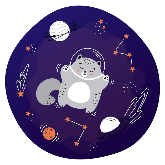 pet cat and planets, stars, moon, cute cat astronaut, day of cosmonautics, space