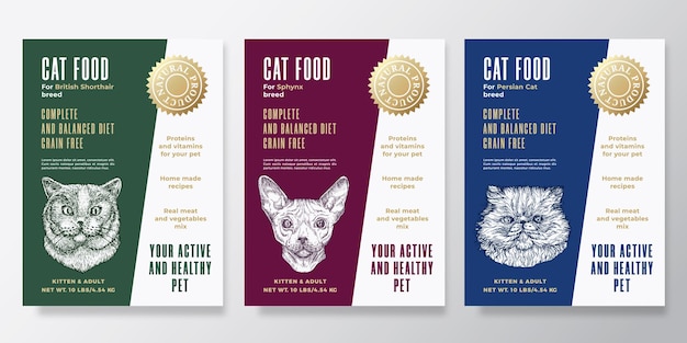 Vector pet food label templates set. abstract vector packaging design layouts collection. typography banners with hand drawn sphynx, british shorthair and persian cat breeds sketch faces background. isolated