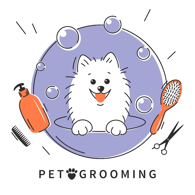 Pet grooming Animal hair grooming salon logo haircuts bathing Cartoon dog taking a bath