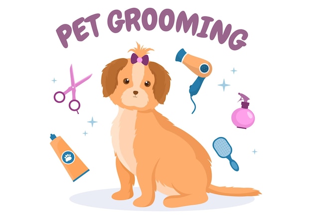 Pet Grooming for Dogs and Cats in Flat Cartoon Hand drawn Background Illustration. The Main Tools Which are used in Beauty Salon for Poster or Banner