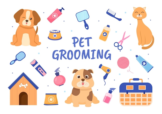 Vector pet grooming for dogs and cats in flat cartoon hand drawn background illustration. the main tools which are used in beauty salon for poster or banner