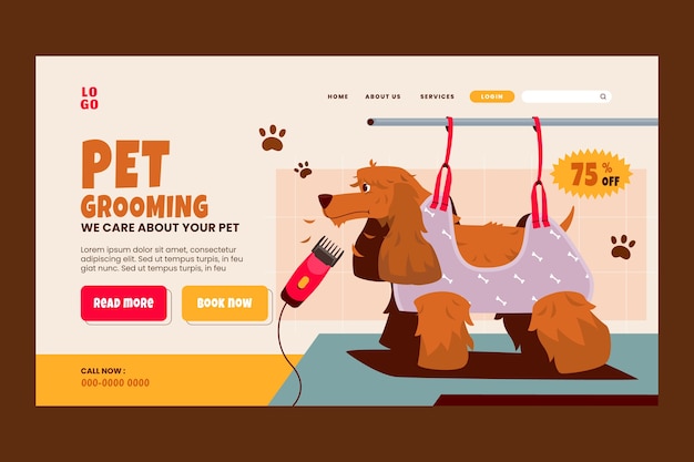 Vector pet grooming landing page template design