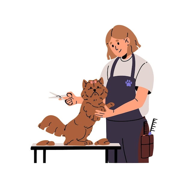 Pet grooming service salon Professional groomer cuts fur of fluffy dog with scissors Girl cares about cute puppy Woman does haircut to pup on table Flat isolated vector illustration on white