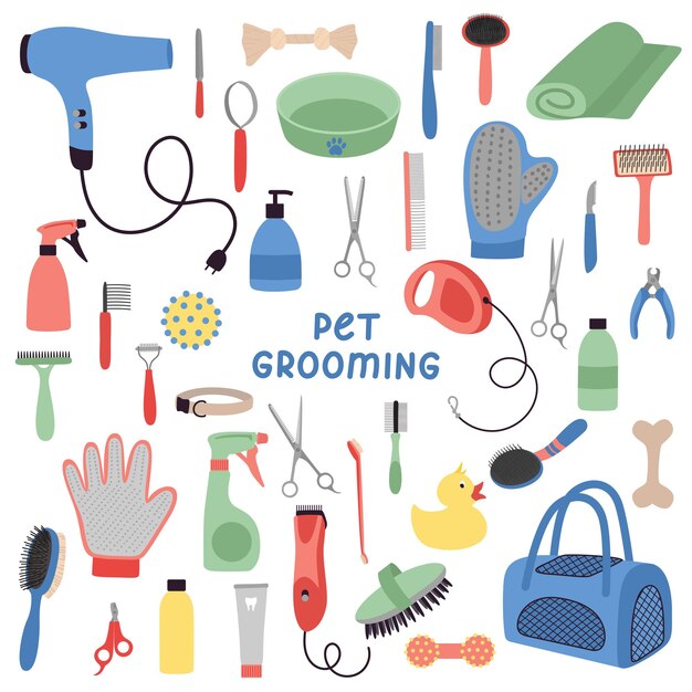 Vector pet grooming tools set dog and cat care grooming hygiene health accessories vets