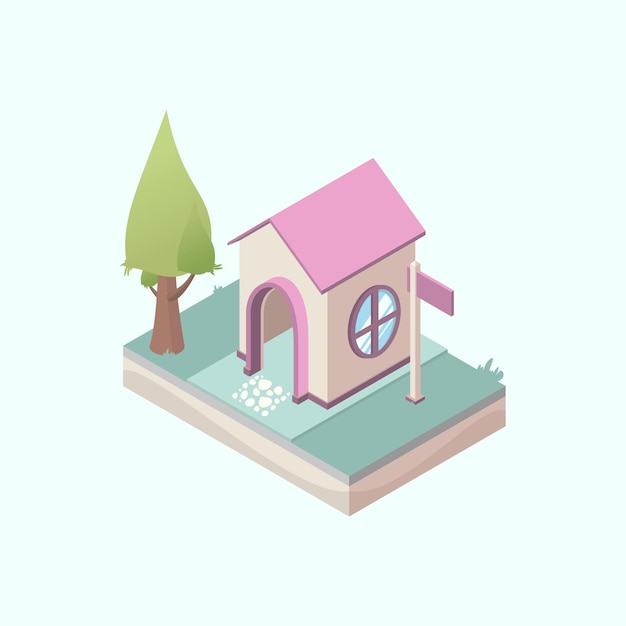 Vector a pet house with a pink roof and a tree on the water