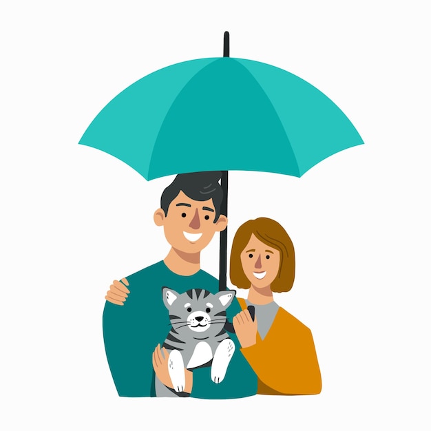 Pet insurance vector illustration. Concept with protection symbol against accident. Happy family with a cat. Man and woman with grey kitten on their arms.