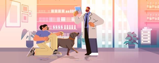 pet owner visiting veterinarian doctor checking up dog health medicine animal health care examination in modern veterinary medical center concept horizontal vector illustration