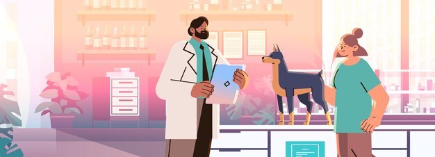 Vector pet owner visiting veterinarian doctor checking up dog health medicine animal health care examination in modern veterinary medical center concept horizontal vector illustration