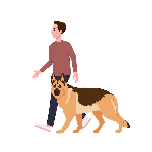 Pet owner walks with his shepherd dog