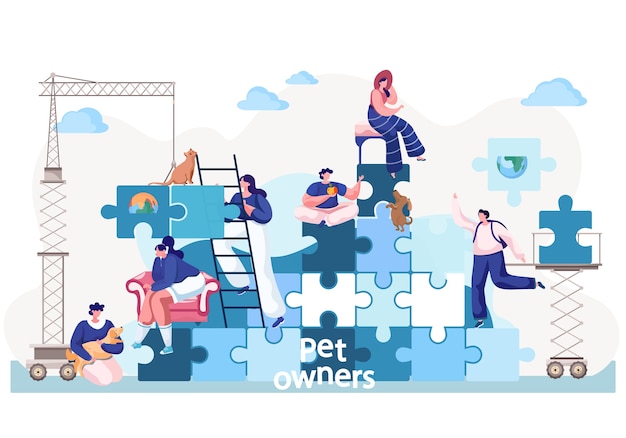 Pet owners men and women sitting on puzzle pyramid, communicate, take care of domestic animals cat and dog. People have fun and active time, play with pets. Flat illustration in blue colours