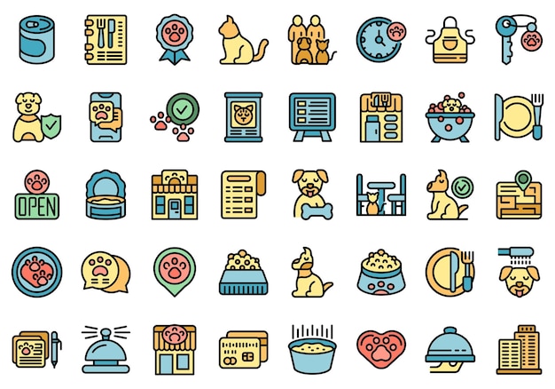 Pet restaurant icons set vector color outline