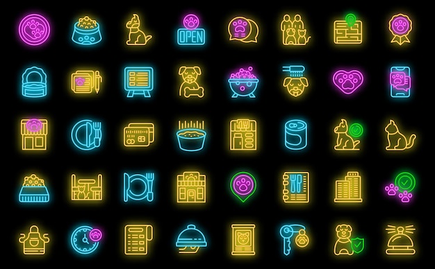 Pet restaurant icons set vector neon