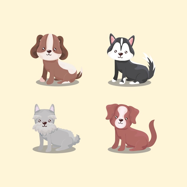 Pet set icons, different dogs puppies sitting animals  illustration