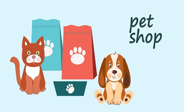 Pet shop banner design template Vector cartoon illustration of cats dogs house food