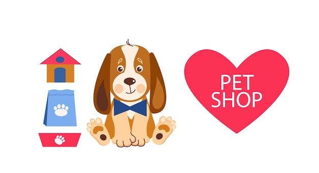 Pet shop banner design template Vector cartoon illustration of cats dogs house food