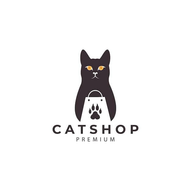 Pet shop cat and shopping bags pets logo for brand sticker vector illustration design