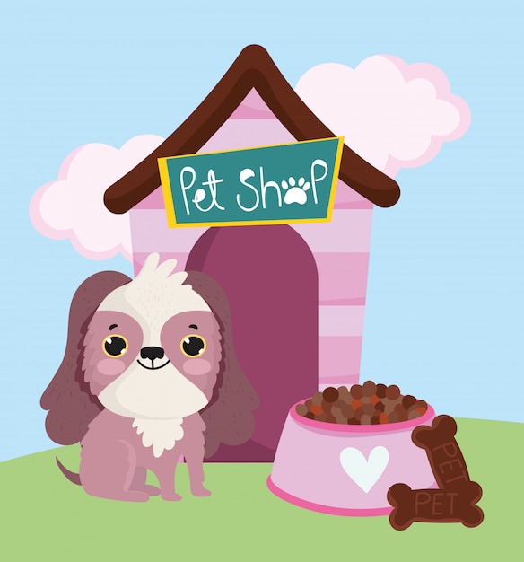 Vector pet shop, cute dog sit with cookie food and house animal domestic cartoon