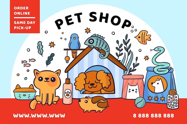 Pet shop Domestic animals care products Internet banner design Hotline poster Different accessories or toys Doodle style Veterinary store order and delivery Garish vector concept