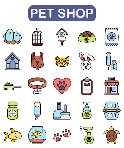 Pet shop icons set, lineal color style Premium  