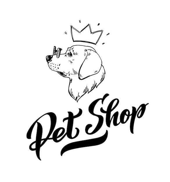 Pet shop logo for your project store for pets Dog profile in crown and glasses vector sketch