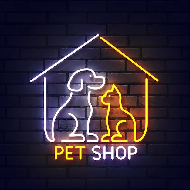 Pet shop neon sign. Glowing neon light signboard of dog and cat pet house. Sign of pet shop with colorful neon lights isolated on brick wall.