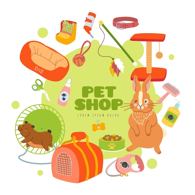 Pet shop products Domestic animals care tools Zoomarket elements Vet store Toys or carrier Scratching post for cats Food and collar with leash Rabbit and hamster Vector concept