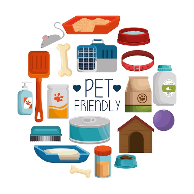 Vector pet shop products set icons